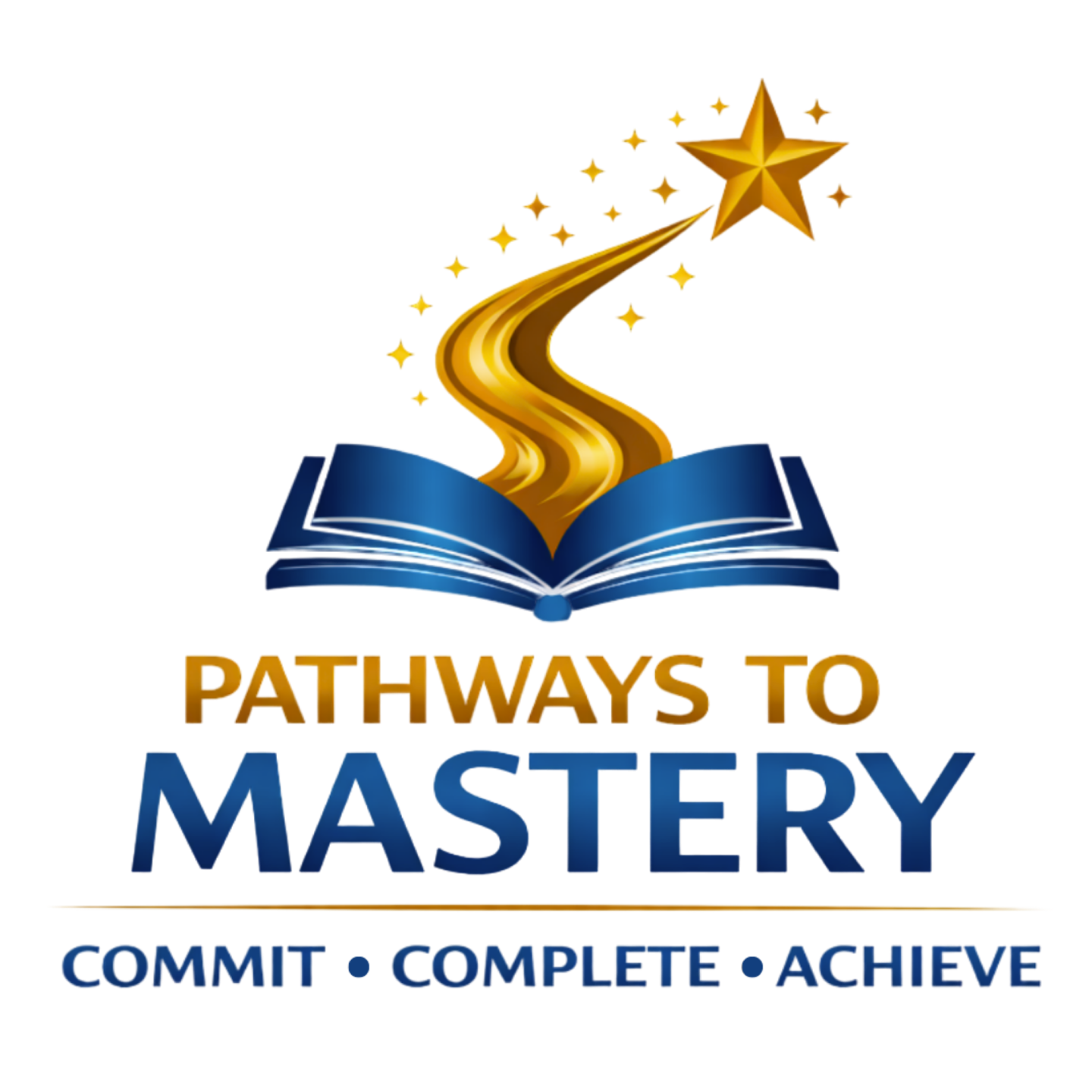 NDCTE Conference Logo. Pathways to Mastery - Commit, Complete, Achieve. Blue book graphic with a golden path to a gold star.